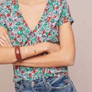 Maeve Anthropologie Floral Button Top with Ruffle Collar